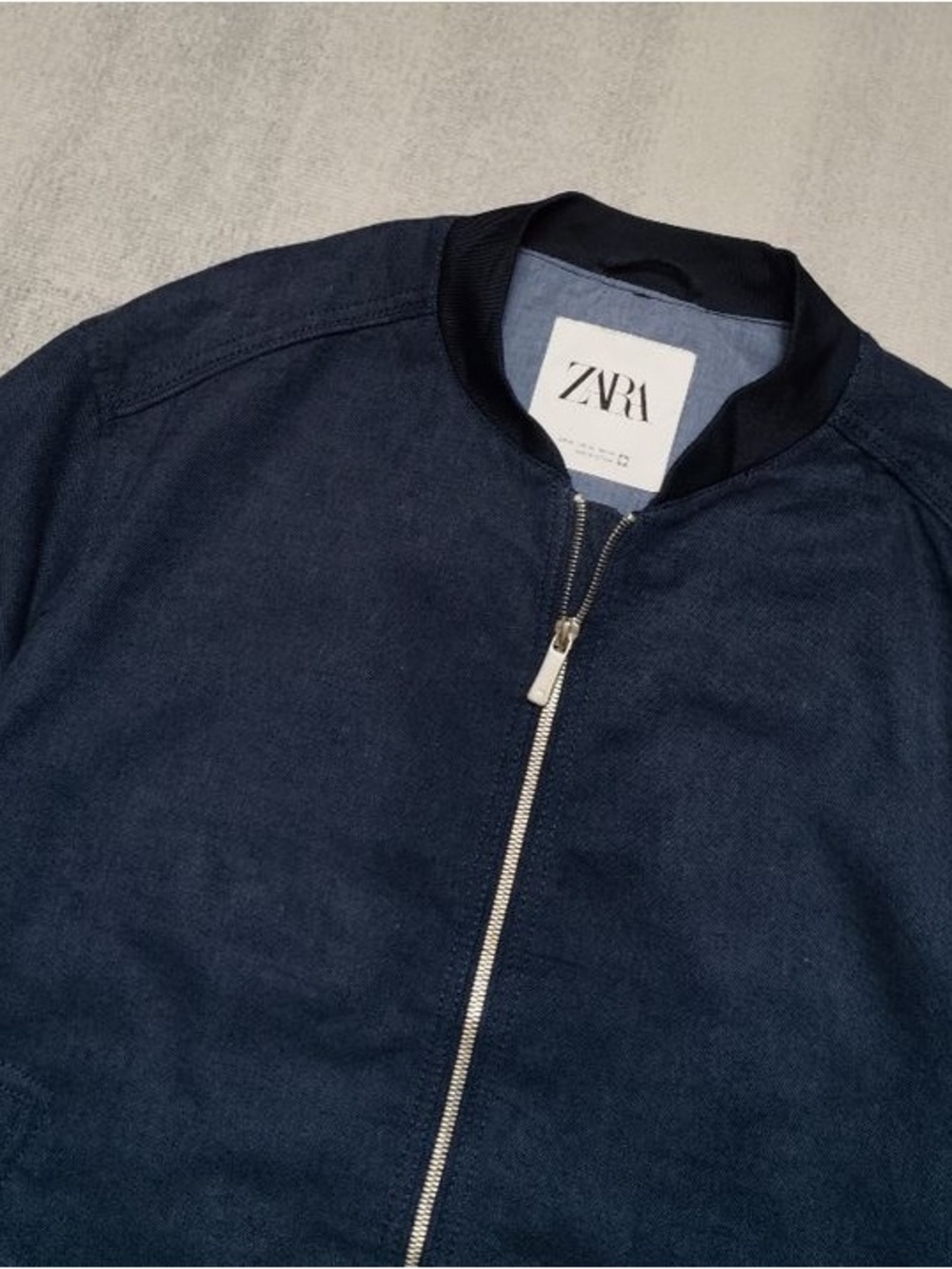 Zara Man Navy Bomber Jacket with Silver Zippers